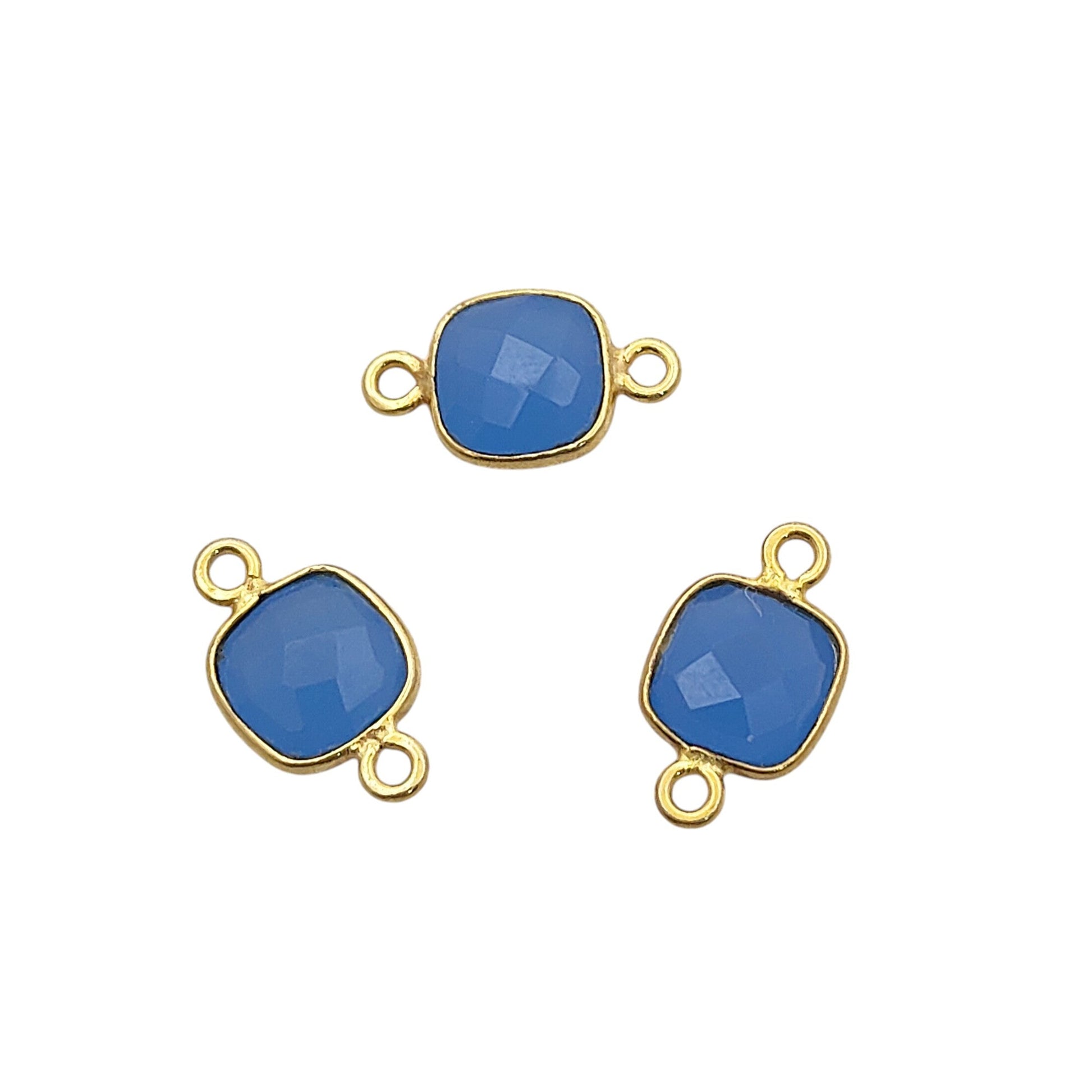 Blue chalcedony cushion cut gemstone connector charm in gold plated 925 silver bezel