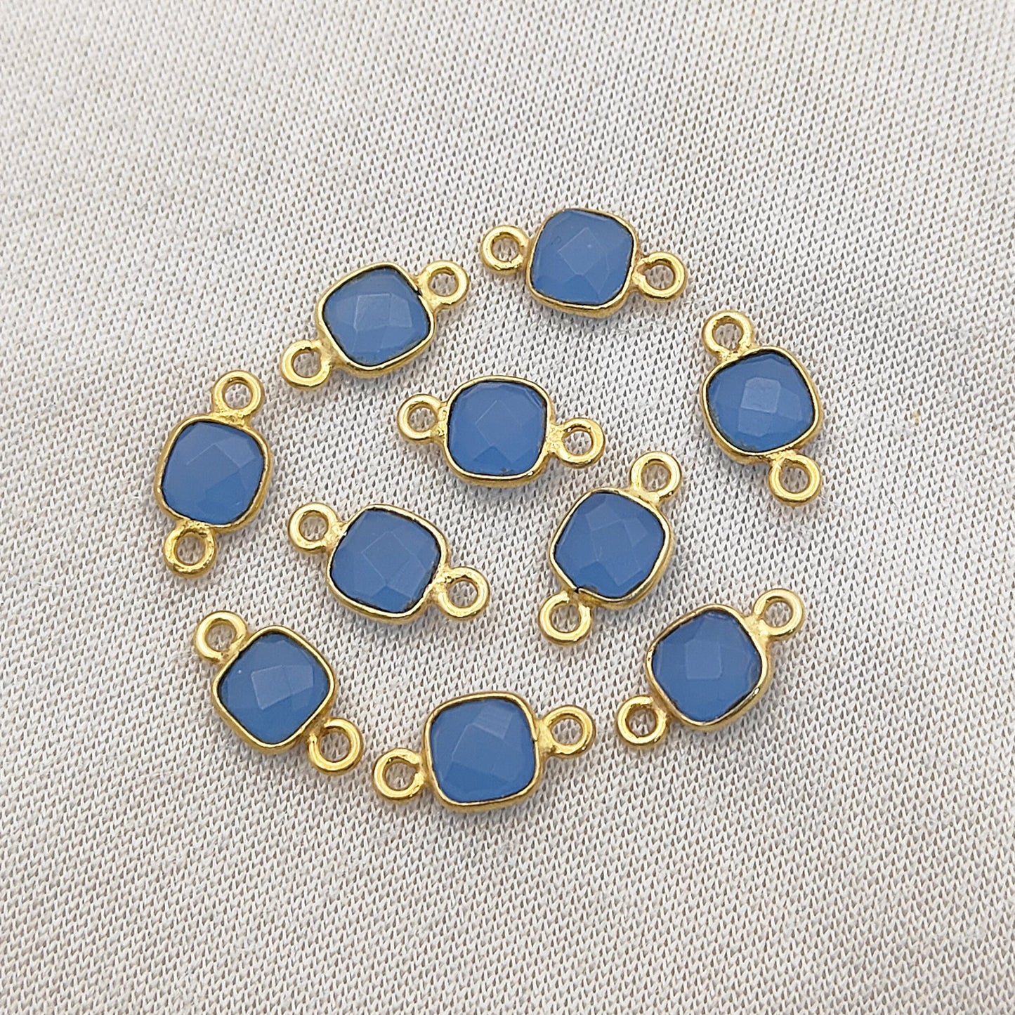 Blue Chalcedony Cushion Gemstone Connector Handmade Gold Plated 925 Silver Bezel Charm-Selling Per Piece