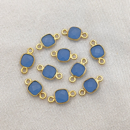 Blue Chalcedony Cushion Gemstone Connector Handmade Gold Plated 925 Silver Bezel Charm-Selling Per Piece