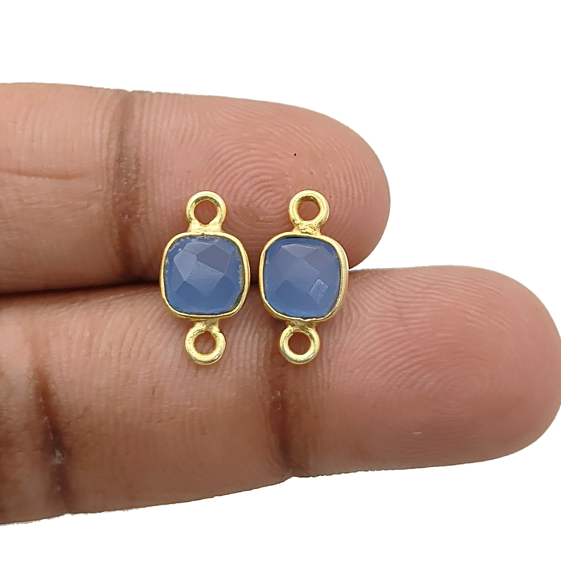 Artisan handmade blue chalcedony bezel connector charm in gold plated sterling silver