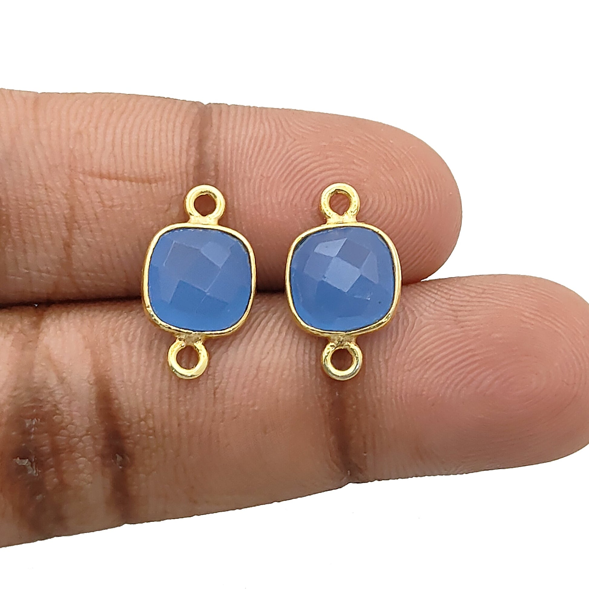 Cushion cut blue chalcedony bezel charm gold plated 925 silver handmade connector