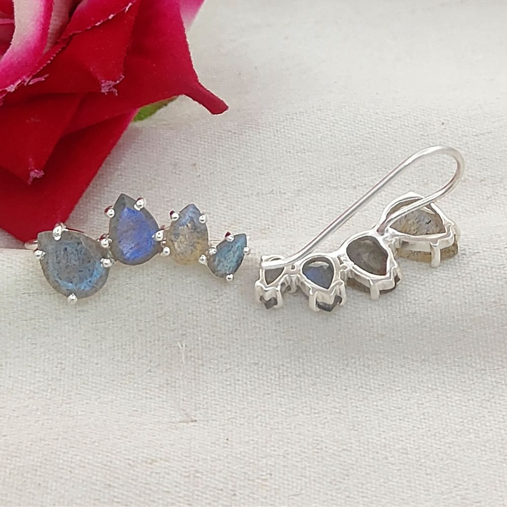 Blue Flash Labradorite Gold Plated 925 Sterling Silver Ear Climbers Statement Jewelry for Women