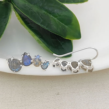 Blue Flash Labradorite Gold Plated 925 Sterling Silver Ear Climbers Statement Jewelry for Women
