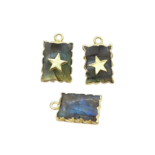 Blue Labradorite rectangle gemstone slice pendant with star gold electroplated charm