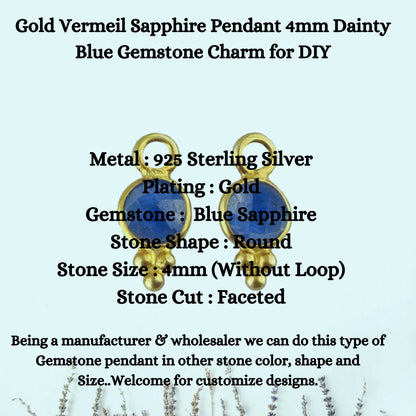 Gold Vermeil Sapphire Pendant 4mm Dainty Blue Gemstone Charm for DIY