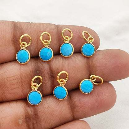 Blue Turquoise Pendant for Necklace Handmade 6mm Faceted Round December Birthstone Bezel Charm in Gold Vermeil & Sterling Silver Jewelry- Selling Per Piece