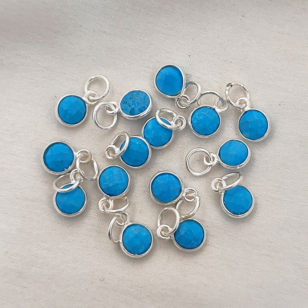Blue Turquoise Pendant for Necklace Handmade 6mm Faceted Round December Birthstone Bezel Charm in Gold Vermeil & Sterling Silver Jewelry- Selling Per Piece