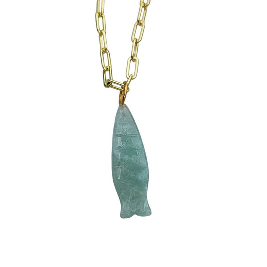 Bohemian Amazonite Fish Necklace Hand-Carved Gemstone Pendant in Gold Plated Chain- Selling Per Piece