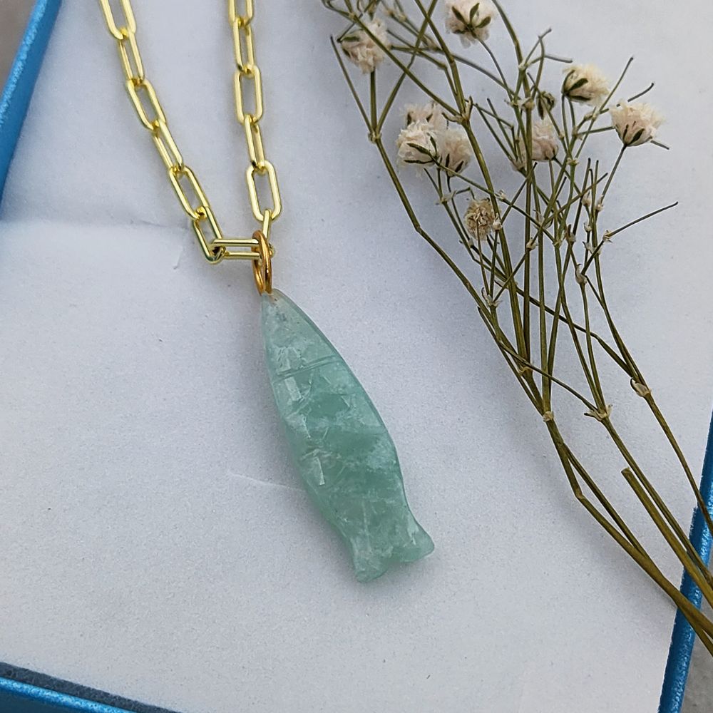 Bohemian Amazonite Fish Necklace Hand-Carved Gemstone Pendant in Gold Plated Chain- Selling Per Piece