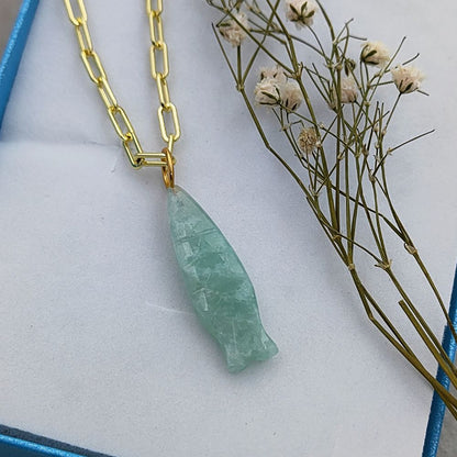 Bohemian Amazonite Fish Necklace Hand-Carved Gemstone Pendant in Gold Plated Chain- Selling Per Piece
