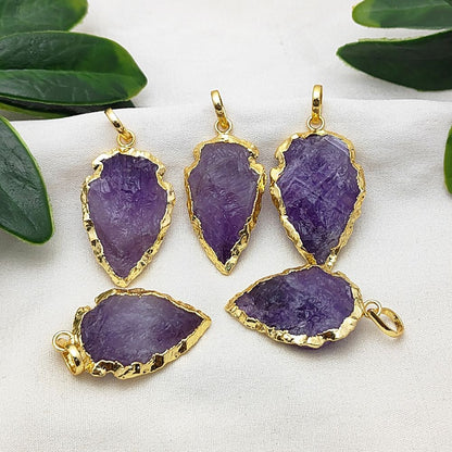 Bohemian Amethyst Arrowhead Pendant, Gold/Silver Plated Tribal Gemstone Charm for Handmade Jewelry – Selling Per Piece