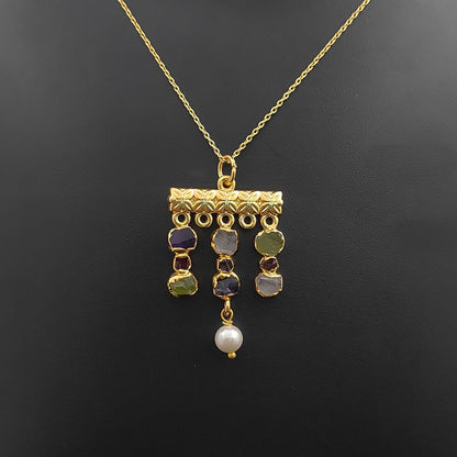 Boho Multi Gemstone Necklace with Freshwater Pearls & Raw Birthstones Peridot & Garnet Healing Crystal Jewelry for Women