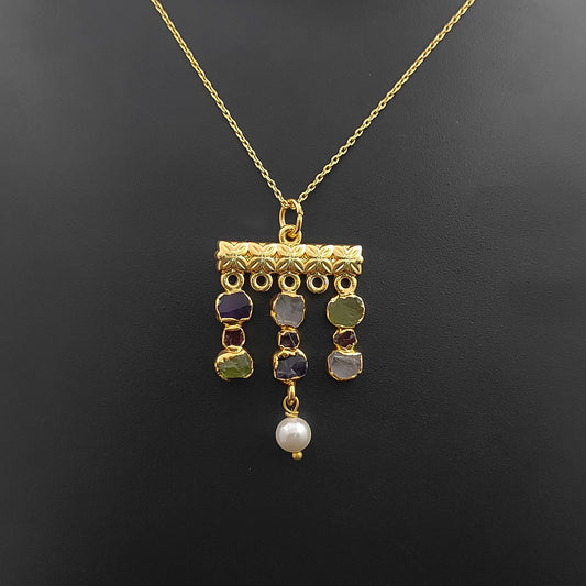 Boho Multi Gemstone Necklace with Freshwater Pearls & Raw Birthstones Peridot & Garnet Healing Crystal Jewelry for Women