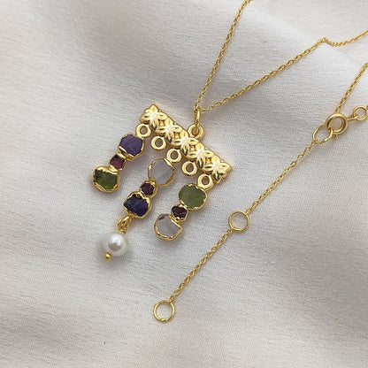 Boho Multi Gemstone Necklace with Freshwater Pearls & Raw Birthstones Peridot & Garnet Healing Crystal Jewelry for Women
