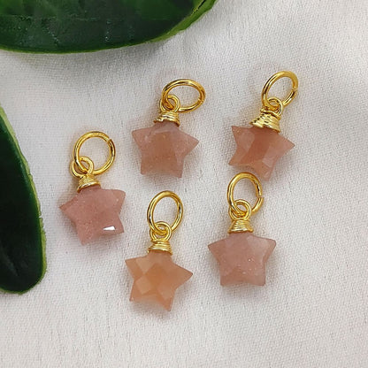 Bohemian Peach Moonstone Crystal Star Pendant Gold Wrapped Faceted Gemstone Charm for Handmade Jewelry Supply