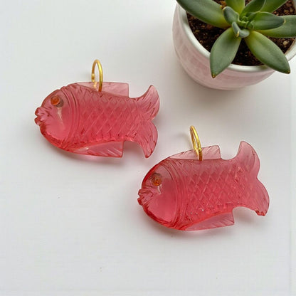 Bohemian Pink Quartz Fish Pendant Gold Plated 925 Silver Carved Crystal Charm for Handcrafted Jewelry- Selling Per Piece