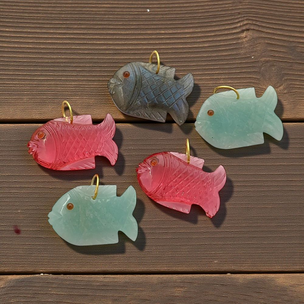 Bohemian Pink Quartz Fish Pendant Gold Plated 925 Silver Carved Crystal Charm for Handcrafted Jewelry- Selling Per Piece