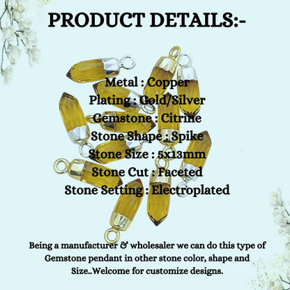 Boho Citrine Crystal Point Pendant November Birthstone Spike Charm with Gold or Silver Electroplated Cap for Necklace Making