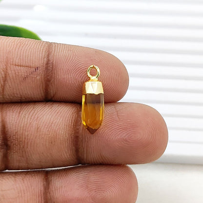 Boho Citrine Crystal Point Pendant November Birthstone Spike Charm with Gold or Silver Electroplated Cap for Necklace Making