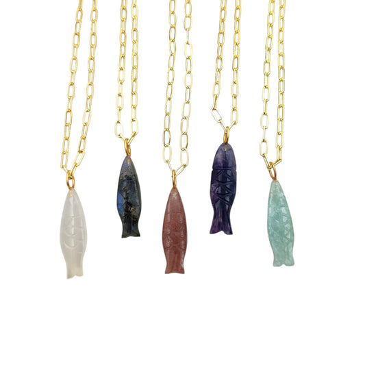 Boho Fish Carved Gemstone Necklace in Gold Plated Chain Handmade Spiritual Jewelry for Women- Selling Per Piece