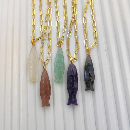 Boho Fish Carved Gemstone Necklace in Gold Plated Chain Handmade Spiritual Jewelry for Women- Selling Per Piece