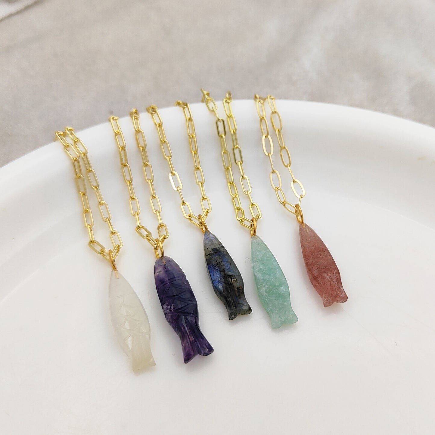 Boho Fish Carved Gemstone Necklace in Gold Plated Chain Handmade Spiritual Jewelry for Women- Selling Per Piece