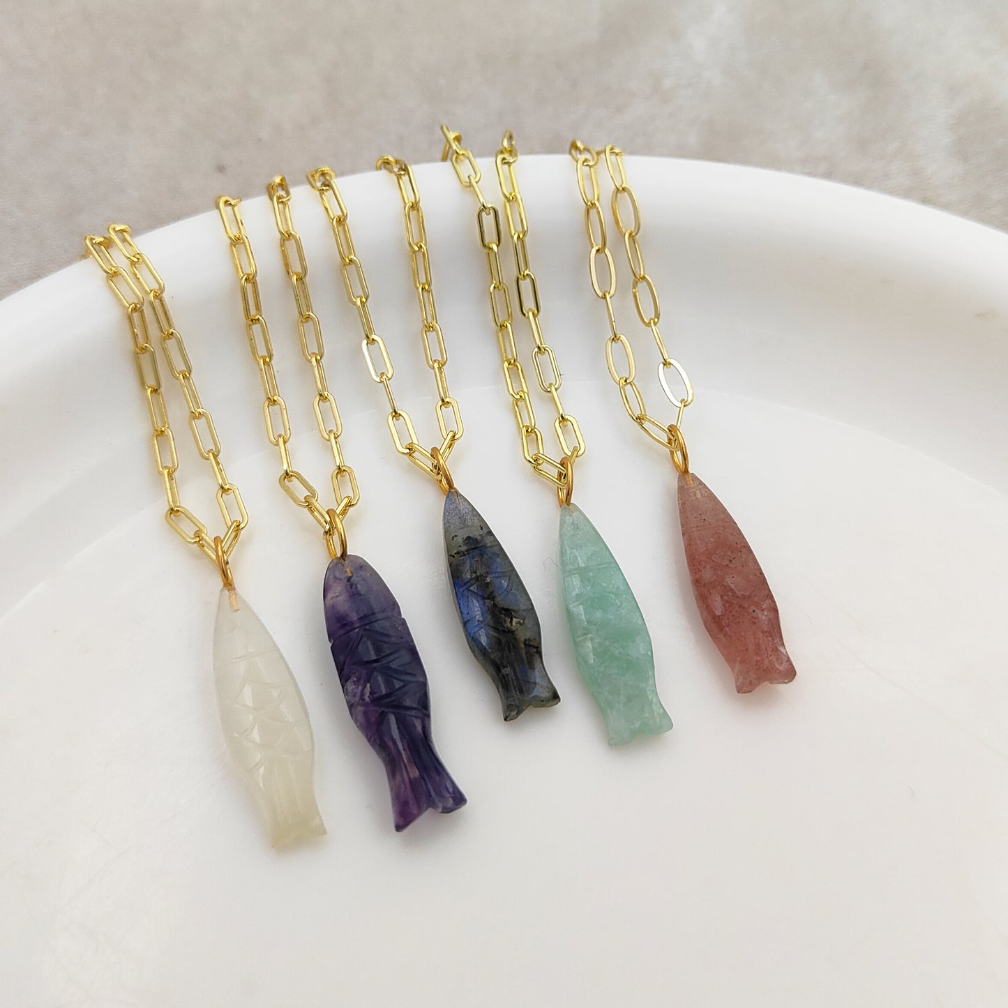 Boho Fish Carved Gemstone Necklace in Gold Plated Chain Handmade Spiritual Jewelry for Women- Selling Per Piece