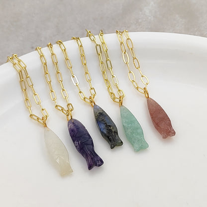 Boho Fish Carved Gemstone Necklace in Gold Plated Chain Handmade Spiritual Jewelry for Women- Selling Per Piece