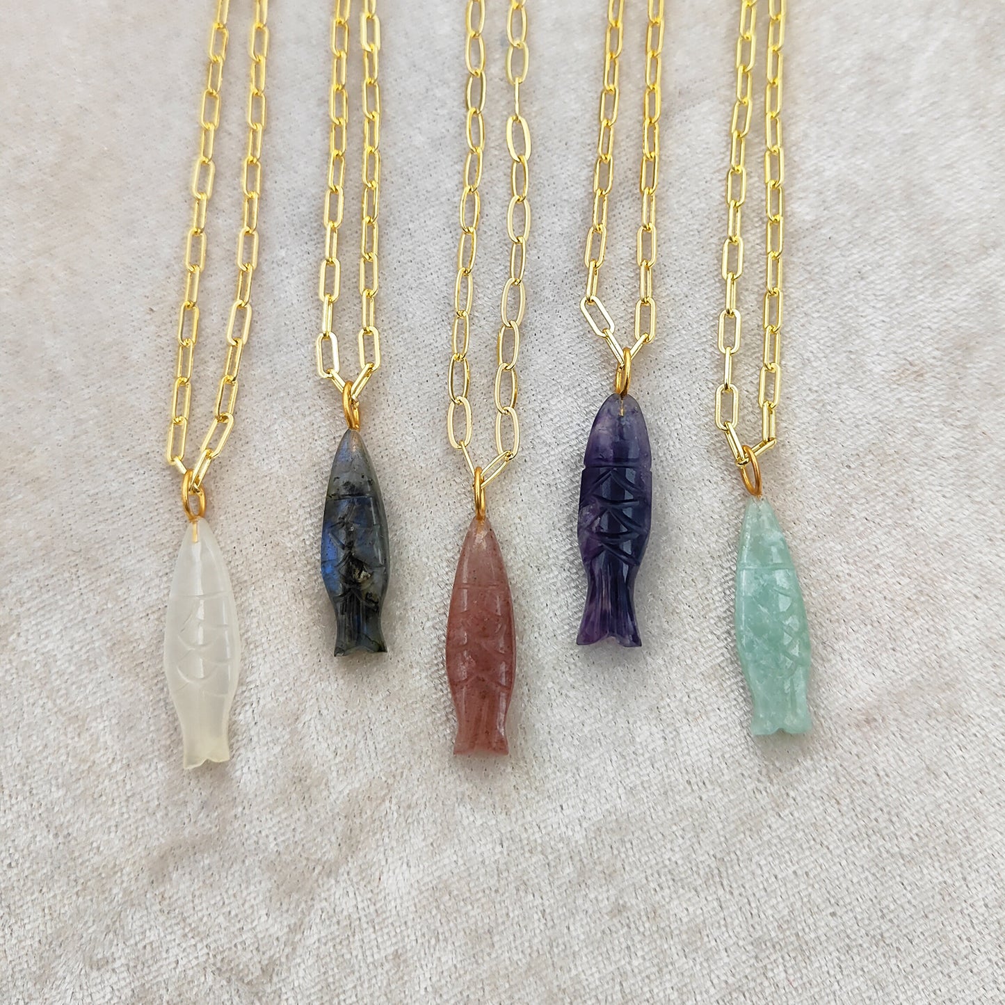 Boho Fish Carved Gemstone Necklace in Gold Plated Chain Handmade Spiritual Jewelry for Women- Selling Per Piece