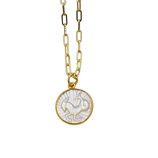 Capricorn Birth Sign Necklace with Mother of Pearl Pendant Gold Plated Paperclip Chain Unique Astrology Jewelry Gift- Selling Per Piece