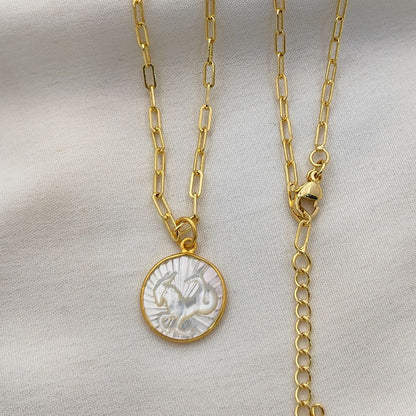 Mother of Pearl Zodiac Pendant for Necklace Gold Plated Astrology Sign Charm on Paperclip Chain Horoscope Jewelry Gift- Selling Per Piece