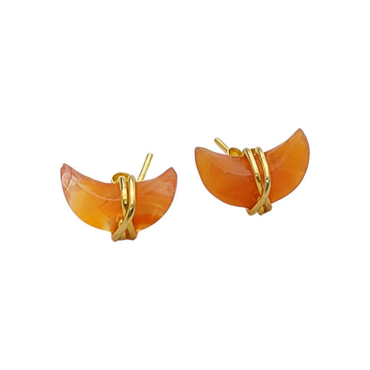 Carnelian Half Moon Stud Earrings Handmade Gold Plated Sterling Silver Minimalist Jewelry- Selling Per Piece