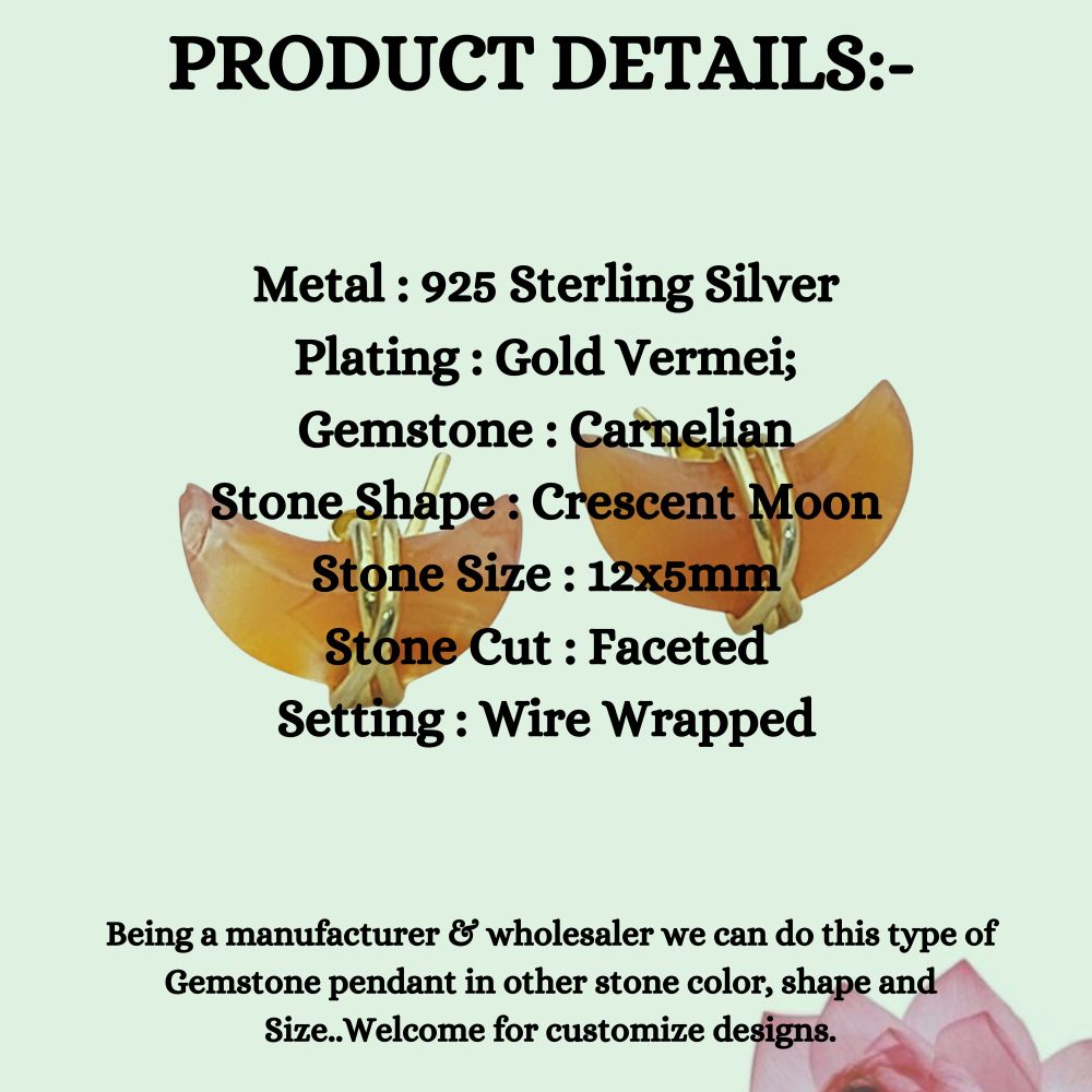 Carnelian Half Moon Stud Earrings Handmade Gold Plated Sterling Silver Minimalist Jewelry- Selling Per Piece