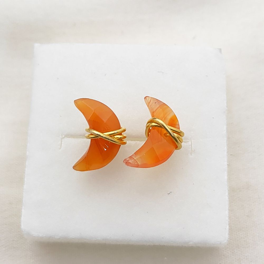 Carnelian Half Moon Stud Earrings Handmade Gold Plated Sterling Silver Minimalist Jewelry- Selling Per Piece