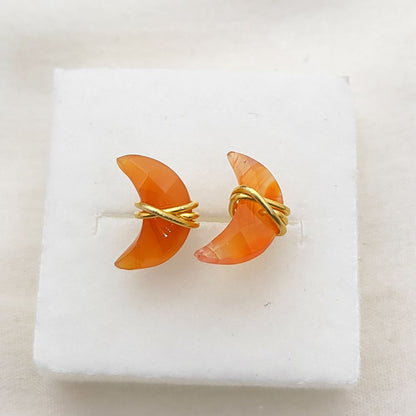 Carnelian Half Moon Stud Earrings Handmade Gold Plated Sterling Silver Minimalist Jewelry- Selling Per Piece