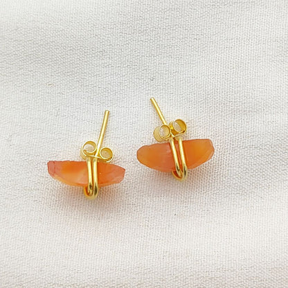 Carnelian Half Moon Stud Earrings Handmade Gold Plated Sterling Silver Minimalist Jewelry- Selling Per Piece