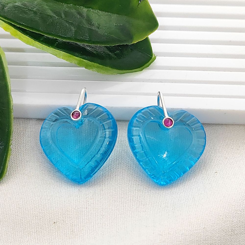 Carved Heart Pendant with Blue Topaz Quartz 925 Sterling Silver Pinch Accent, DIY Craft Jewelry