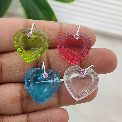 Carved Heart Pendant with Blue Topaz Quartz 925 Sterling Silver Pinch Accent, DIY Craft Jewelry