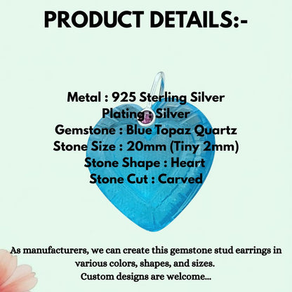Carved Heart Pendant with Blue Topaz Quartz 925 Sterling Silver Pinch Accent, DIY Craft Jewelry