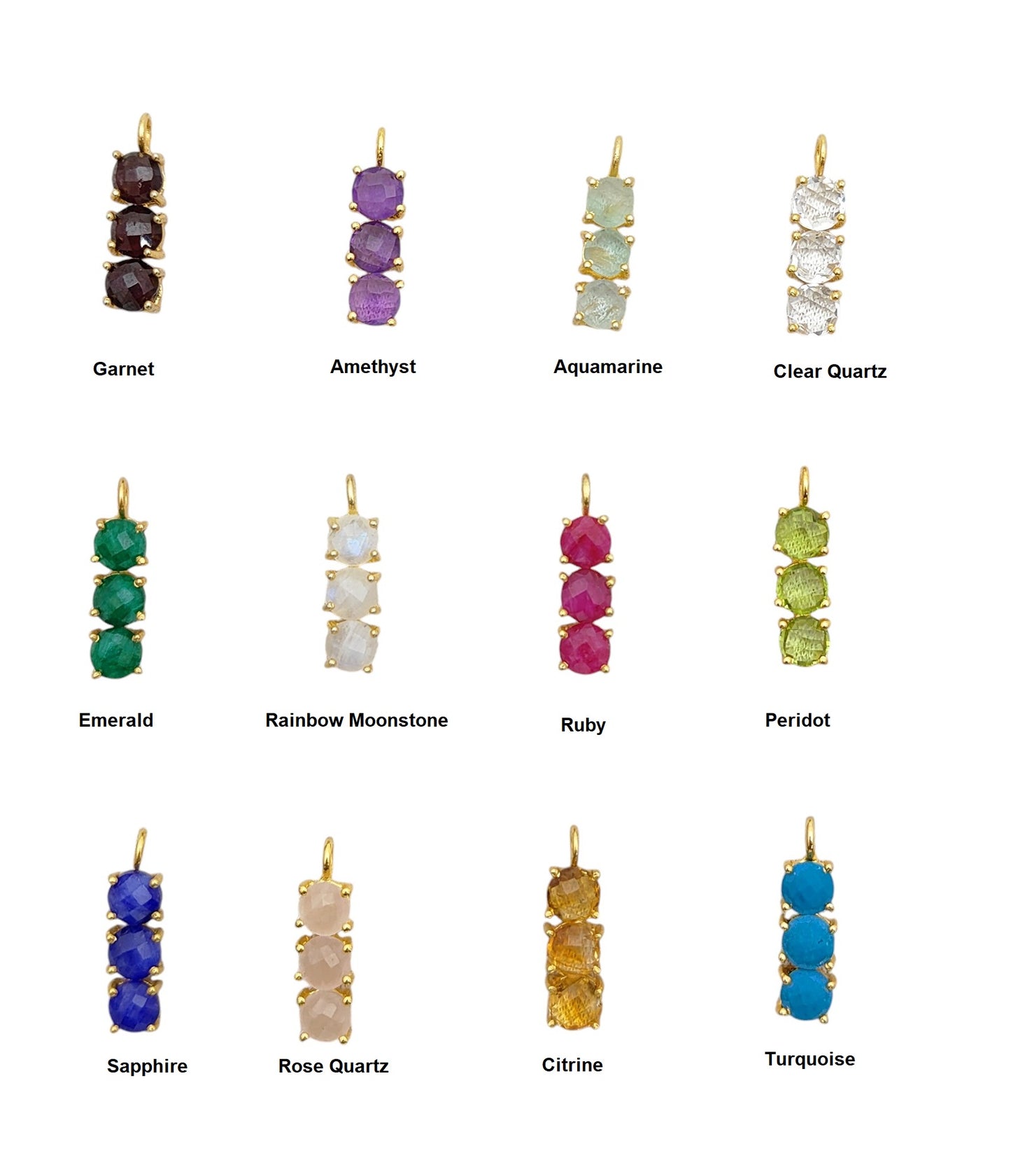 6mm Round Briolette Three Birthstone Pendant 18K Gold Plated Bezel Birthstone Charm for Personalized Jewelry