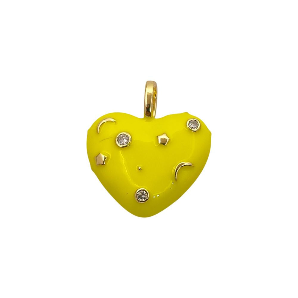 Handmade Celestial Neon Enamel CZ Heart Charm, 18K Gold Plated, Galaxy Star Moon Pendant for DIY Necklaces & Bracelet- Selling Per Piece