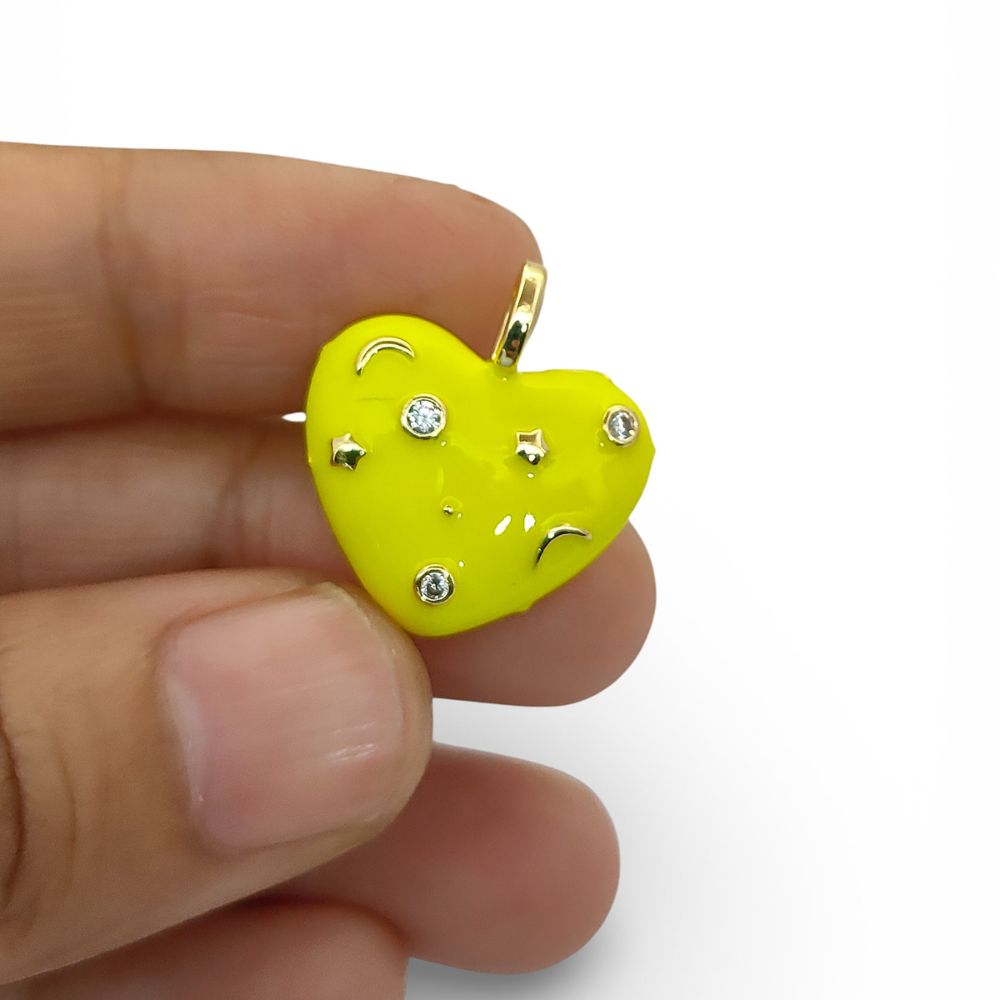 Handmade Celestial Neon Enamel CZ Heart Charm, 18K Gold Plated, Galaxy Star Moon Pendant for DIY Necklaces & Bracelet- Selling Per Piece