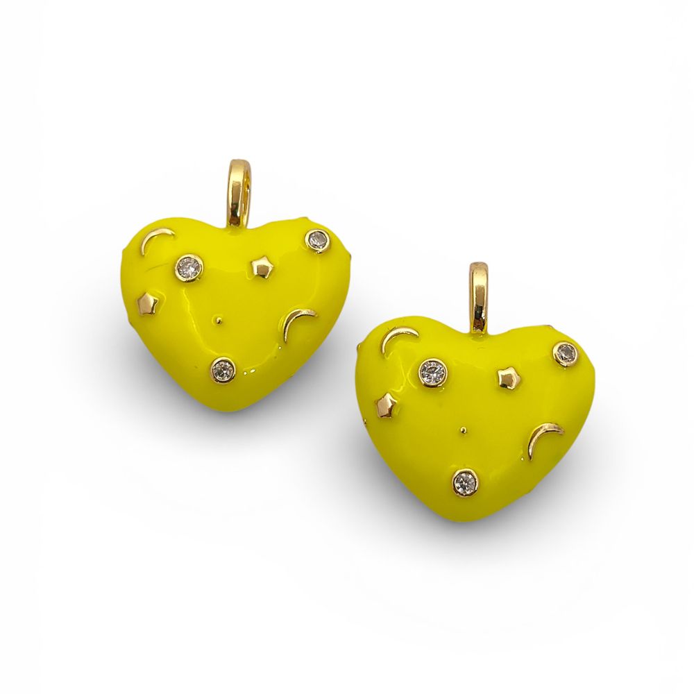 Handmade Celestial Neon Enamel CZ Heart Charm, 18K Gold Plated, Galaxy Star Moon Pendant for DIY Necklaces & Bracelet- Selling Per Piece