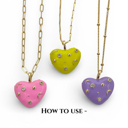Pink Enamel Celestial CZ Heart Pendant in 18K Gold Plated Finish – Galaxy Star & Moon Inlay DIY Jewelry Charm- Selling Per Piece