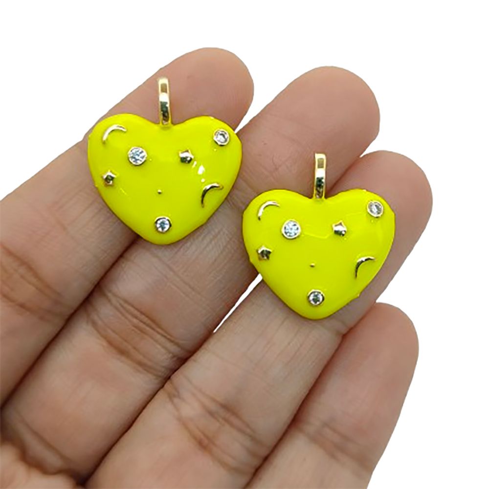 Handmade Celestial Neon Enamel CZ Heart Charm, 18K Gold Plated, Galaxy Star Moon Pendant for DIY Necklaces & Bracelet- Selling Per Piece