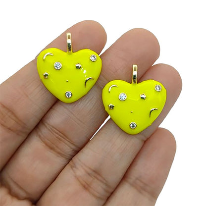 Handmade Celestial Neon Enamel CZ Heart Charm, 18K Gold Plated, Galaxy Star Moon Pendant for DIY Necklaces & Bracelet- Selling Per Piece