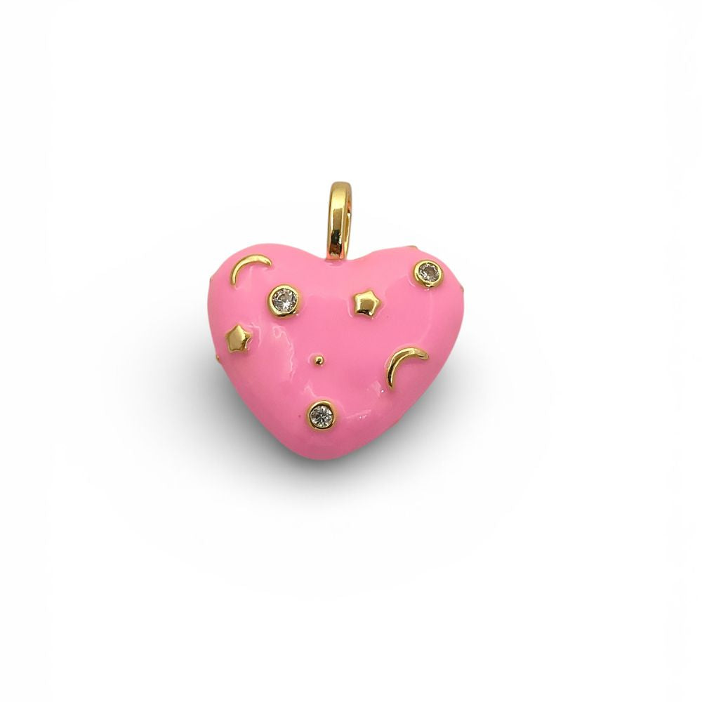 Pink Enamel Celestial CZ Heart Pendant in 18K Gold Plated Finish – Galaxy Star & Moon Inlay DIY Jewelry Charm- Selling Per Piece