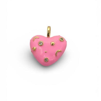 Pink Enamel Celestial CZ Heart Pendant in 18K Gold Plated Finish – Galaxy Star & Moon Inlay DIY Jewelry Charm- Selling Per Piece