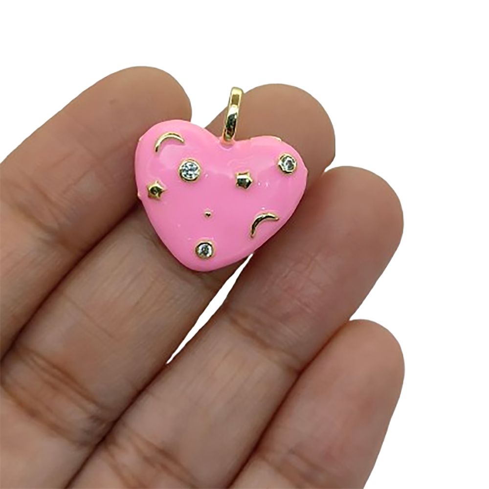 Pink Enamel Celestial CZ Heart Pendant in 18K Gold Plated Finish – Galaxy Star & Moon Inlay DIY Jewelry Charm- Selling Per Piece