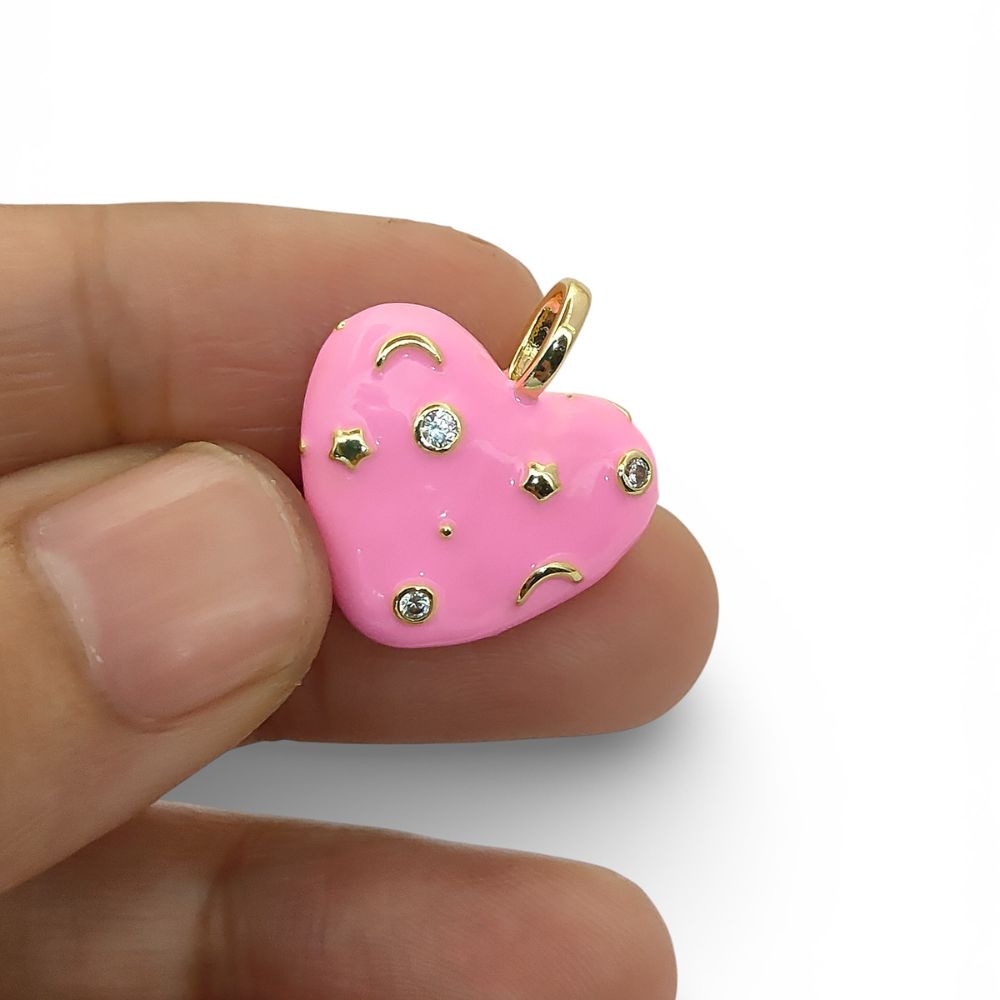 Pink Enamel Celestial CZ Heart Pendant in 18K Gold Plated Finish – Galaxy Star & Moon Inlay DIY Jewelry Charm- Selling Per Piece